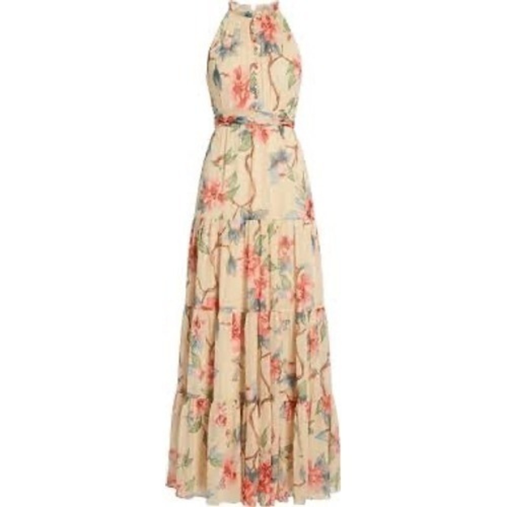 Ieena for Mac Duggal Floral Chiffon Tiered Maxi Dress Yellow Gold 70203 Size 0